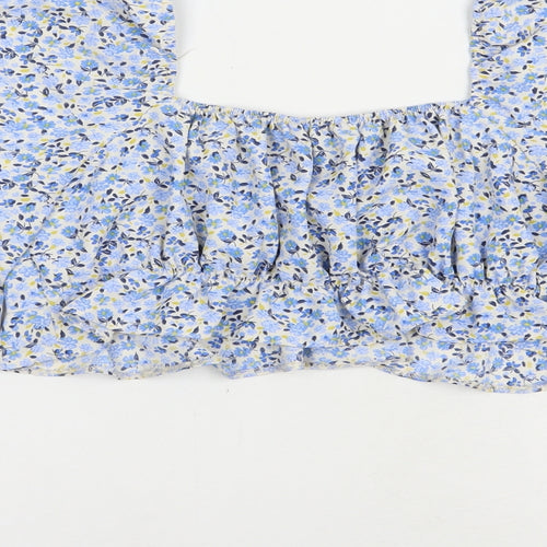 New Look Womens Blue Floral Polyester Cropped Blouse Size 10 V-Neck