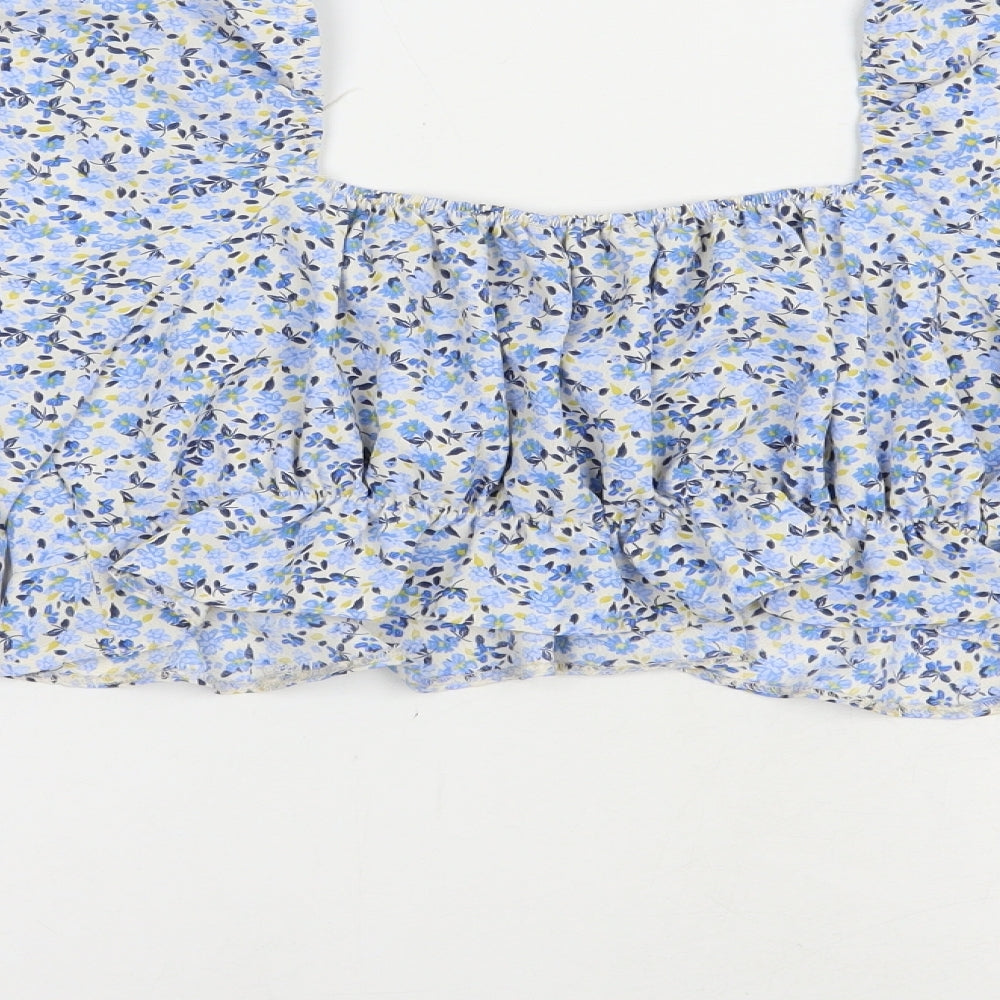 New Look Womens Blue Floral Polyester Cropped Blouse Size 10 V-Neck