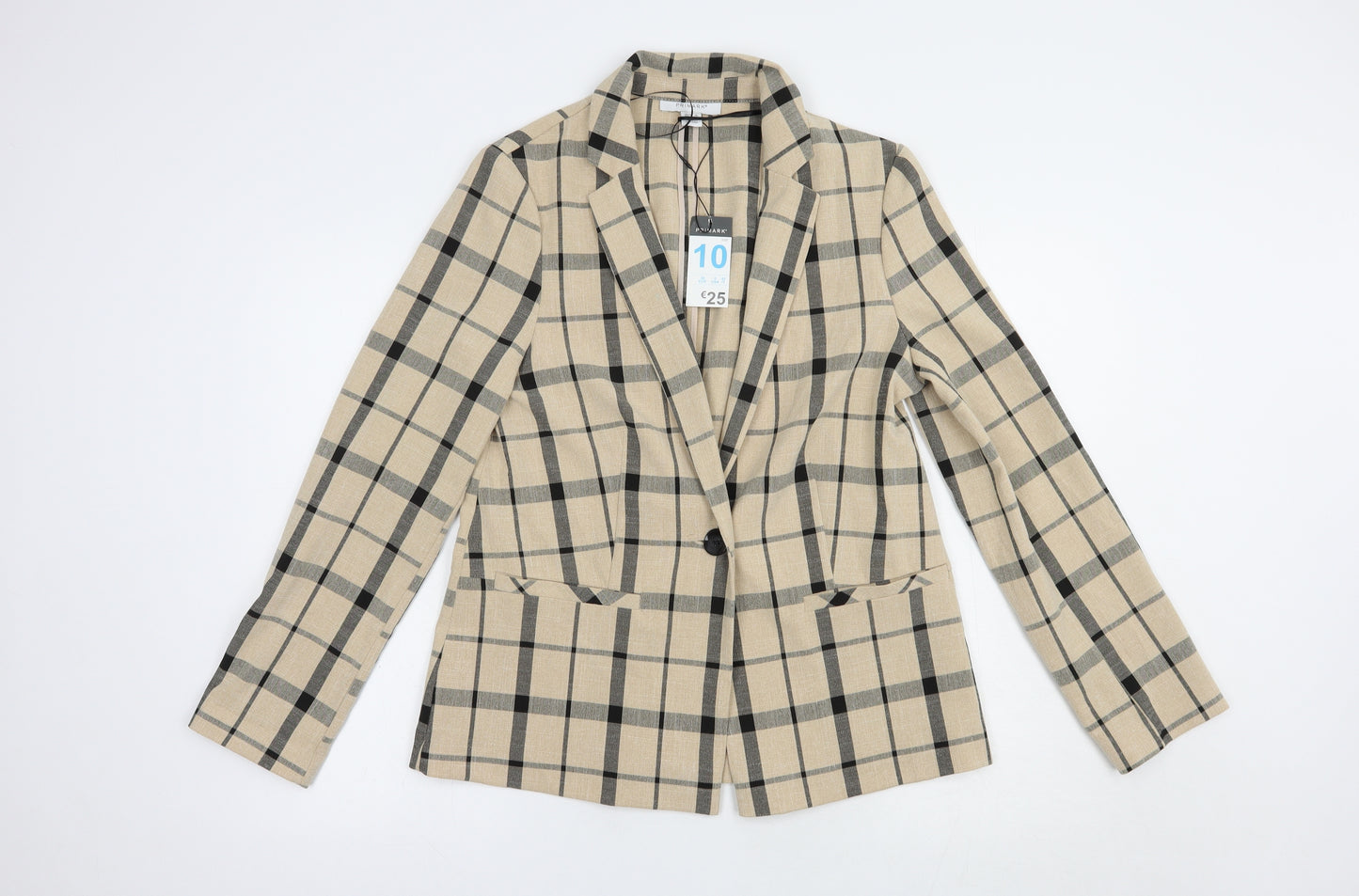 Primark Womens Beige Plaid  Jacket Blazer Size 10  Button