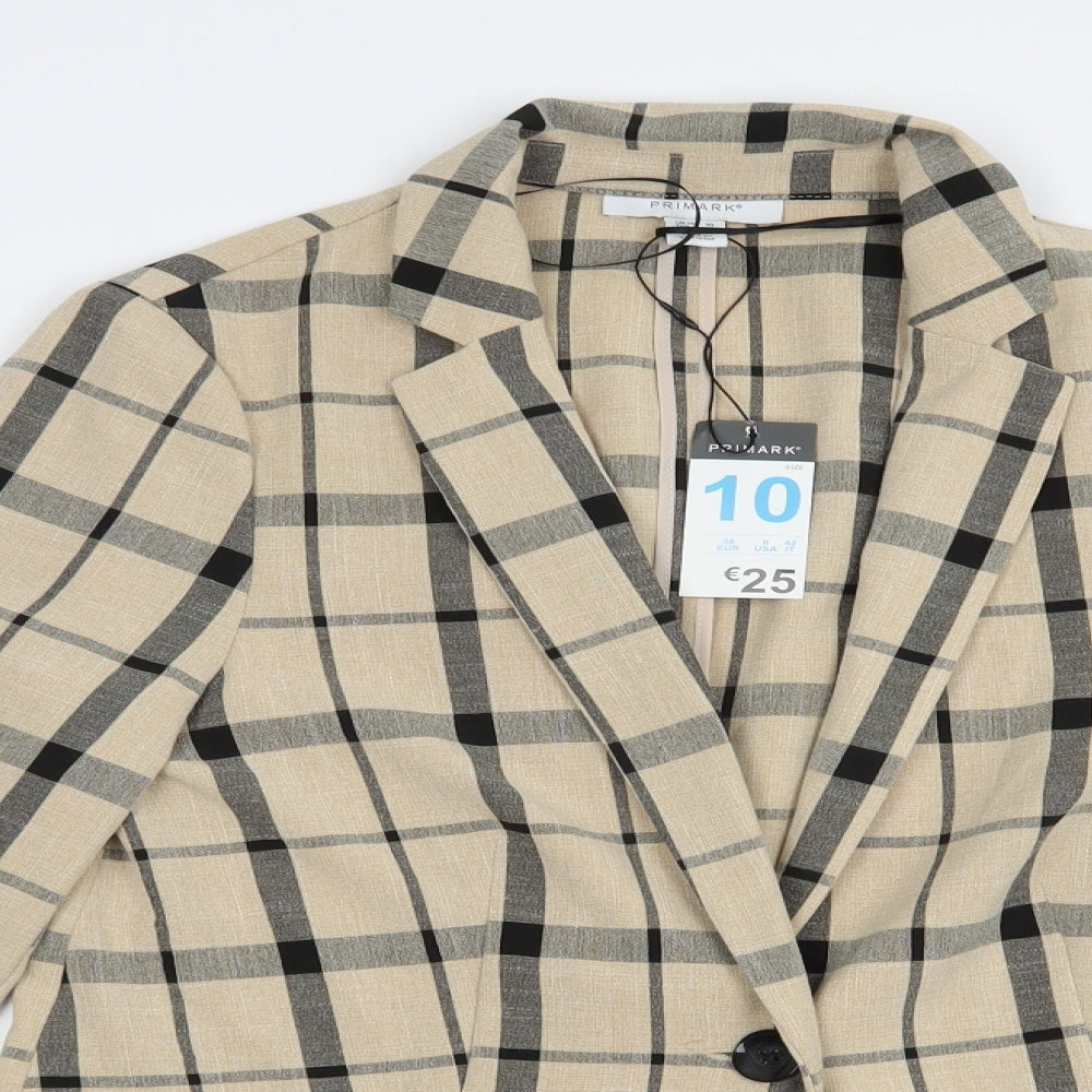Primark Womens Beige Plaid  Jacket Blazer Size 10  Button