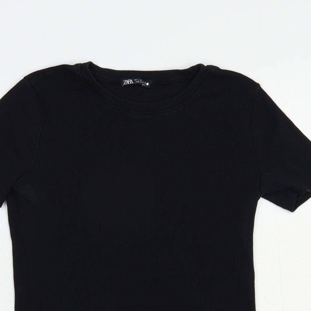 Zara Womens Black  Cotton Basic T-Shirt Size L Crew Neck - Ribbed