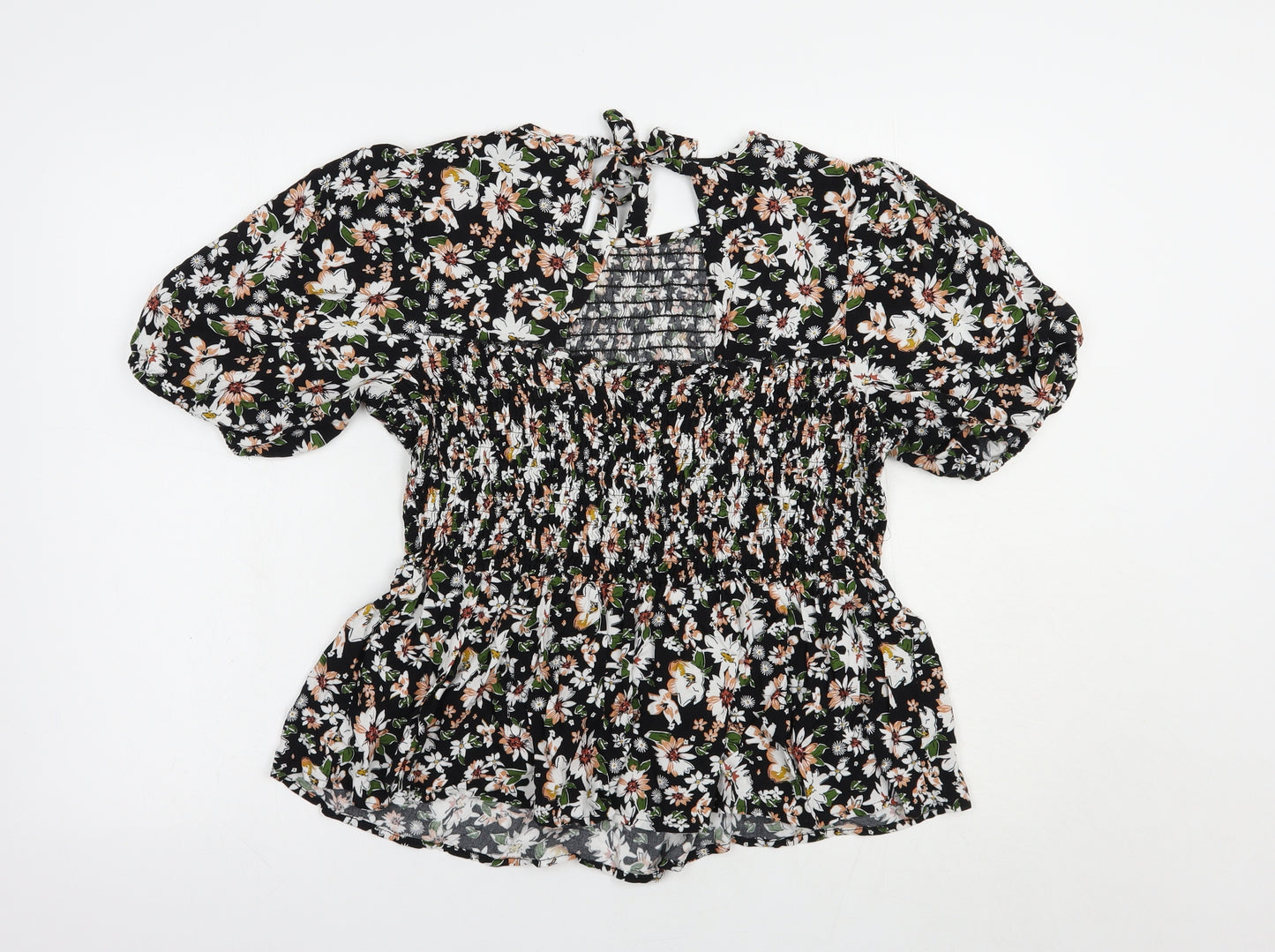 F&F Womens Black Floral Viscose Basic Blouse Size 16 Round Neck