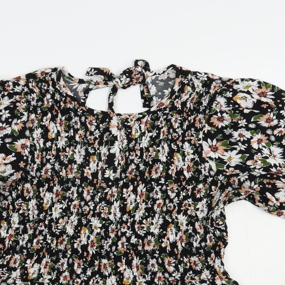 F&F Womens Black Floral Viscose Basic Blouse Size 16 Round Neck
