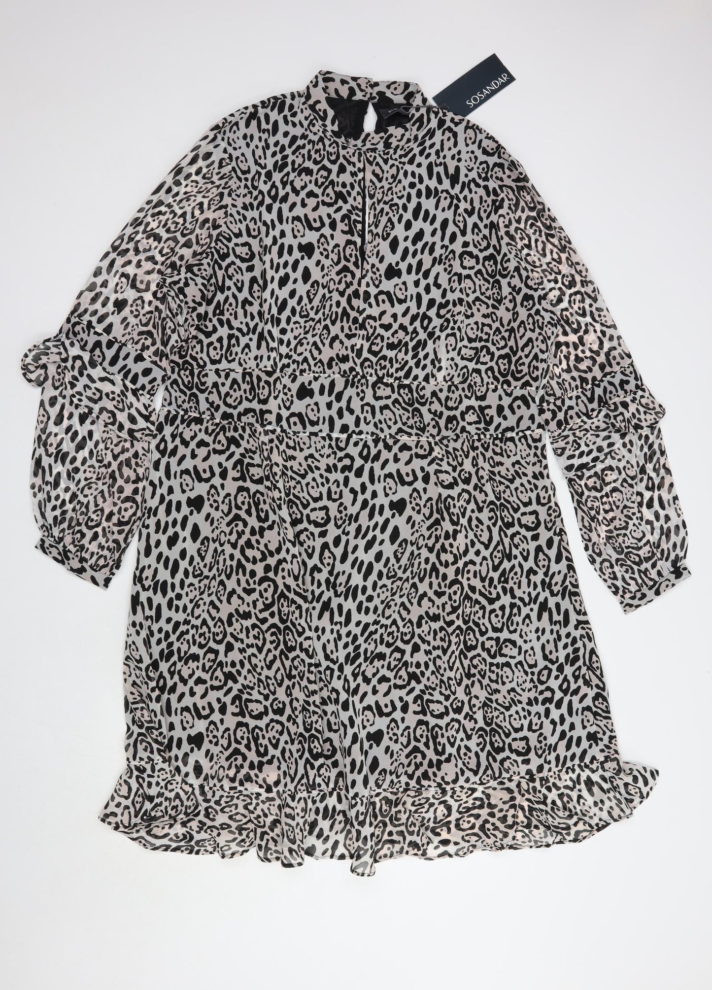 Sosandar Womens Grey Animal Print Polyester A-Line  Size 20  Mock Neck Button