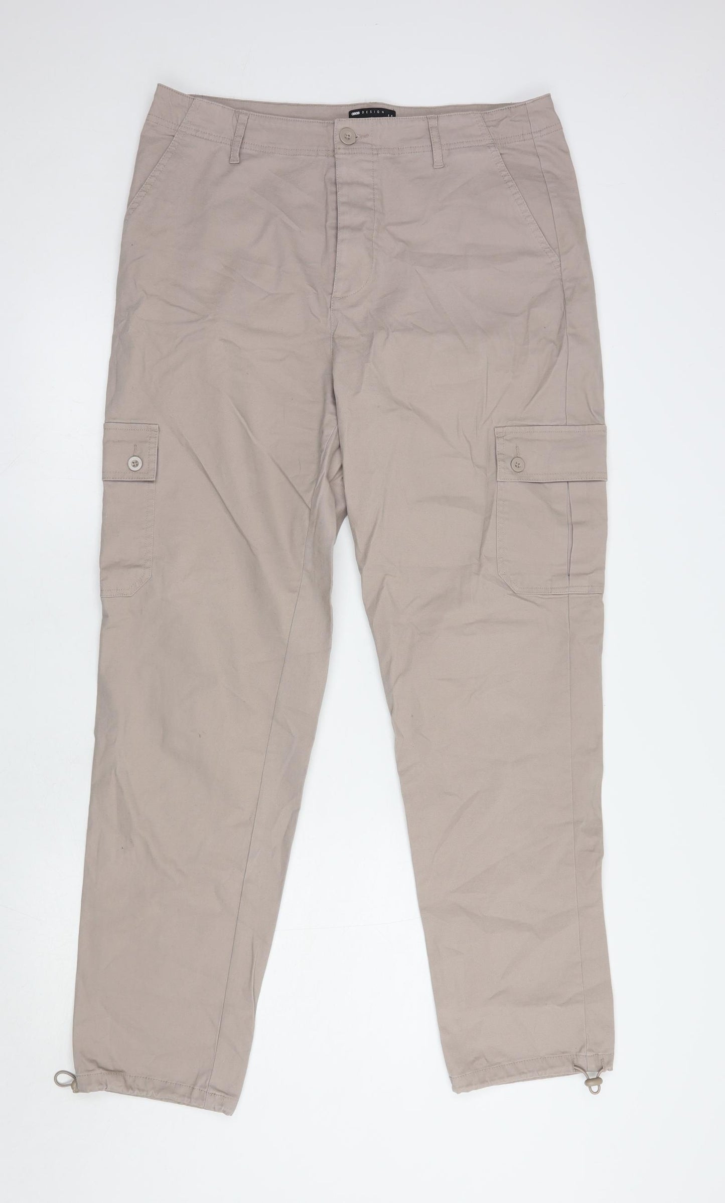 ASOS Mens Beige  Cotton Cargo Trousers Size 34 in L34 in Regular Button