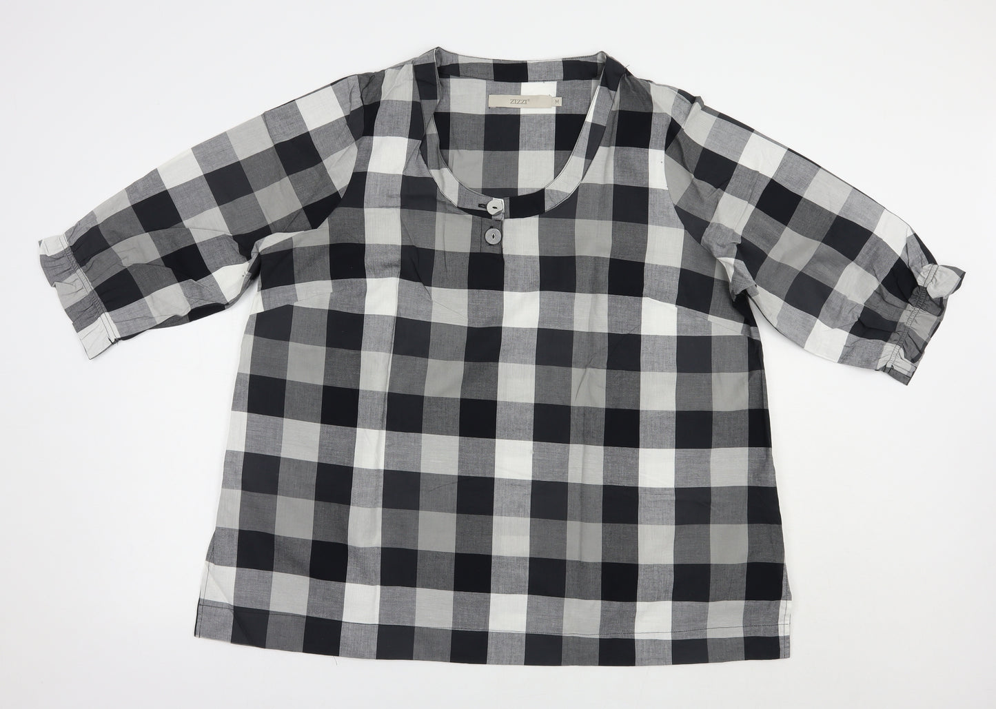 Zizzi Womens Grey Check Cotton Tunic Blouse Size M Scoop Neck