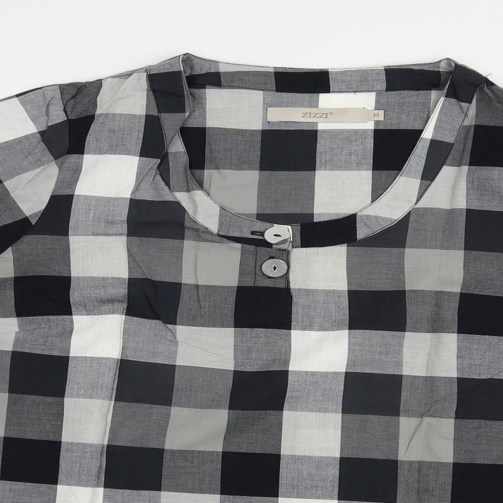 Zizzi Womens Grey Check Cotton Tunic Blouse Size M Scoop Neck