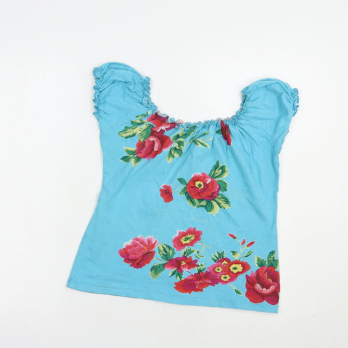 Forever Young Womens Blue Floral Cotton Basic Blouse Size M Off the Shoulder