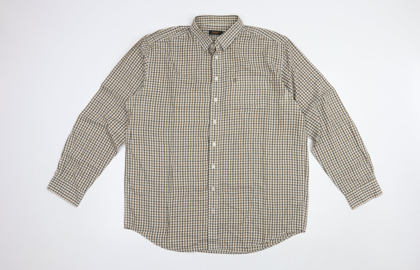 Farah Mens Brown Check Cotton  Button-Up Size XL Collared Button