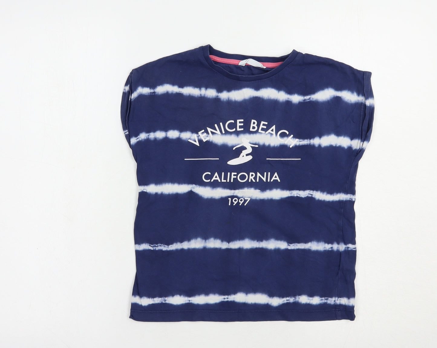 Marks and Spencer Girls Blue Striped Cotton Pullover T-Shirt Size 7-8 Years Crew Neck Pullover - California