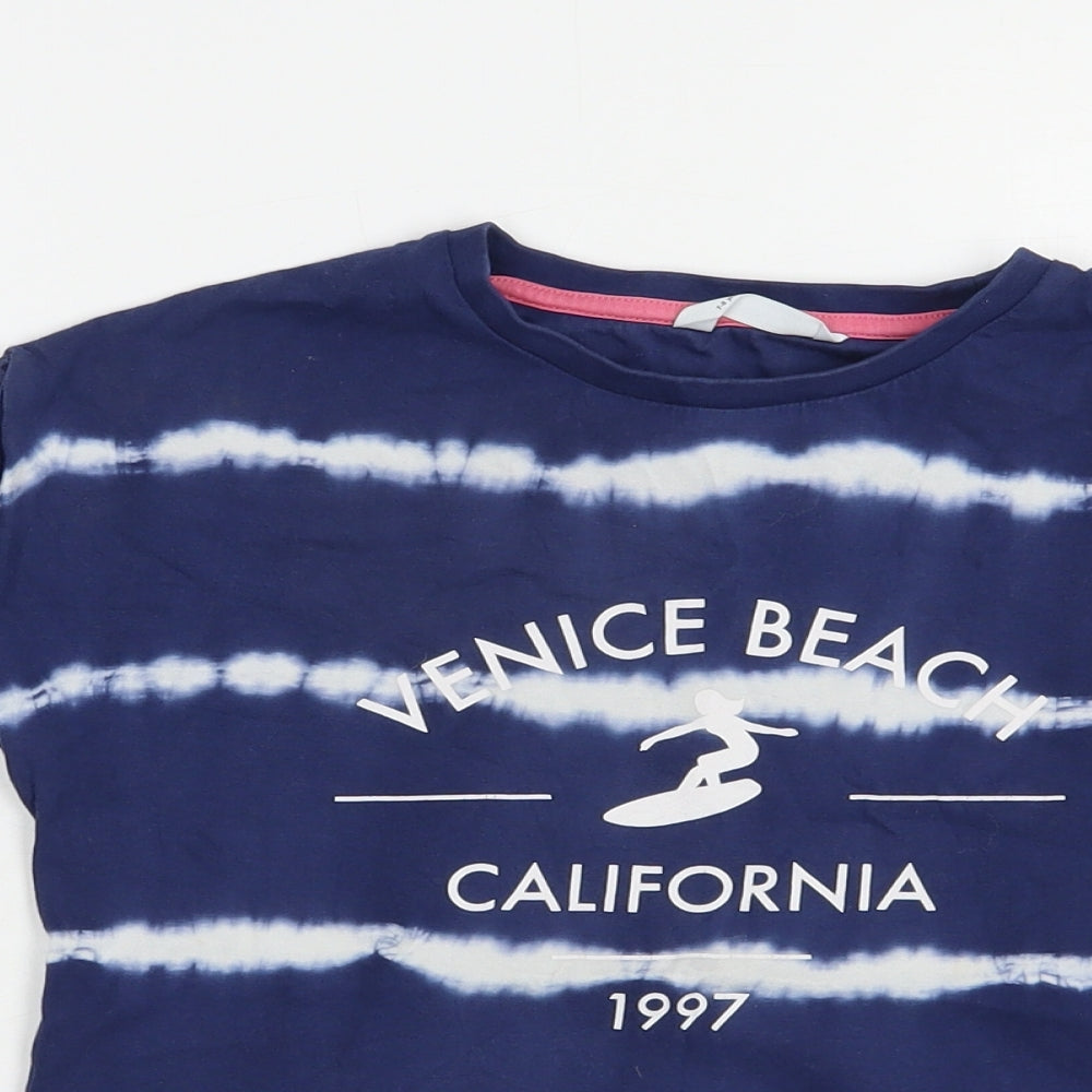 Marks and Spencer Girls Blue Striped Cotton Pullover T-Shirt Size 7-8 Years Crew Neck Pullover - California