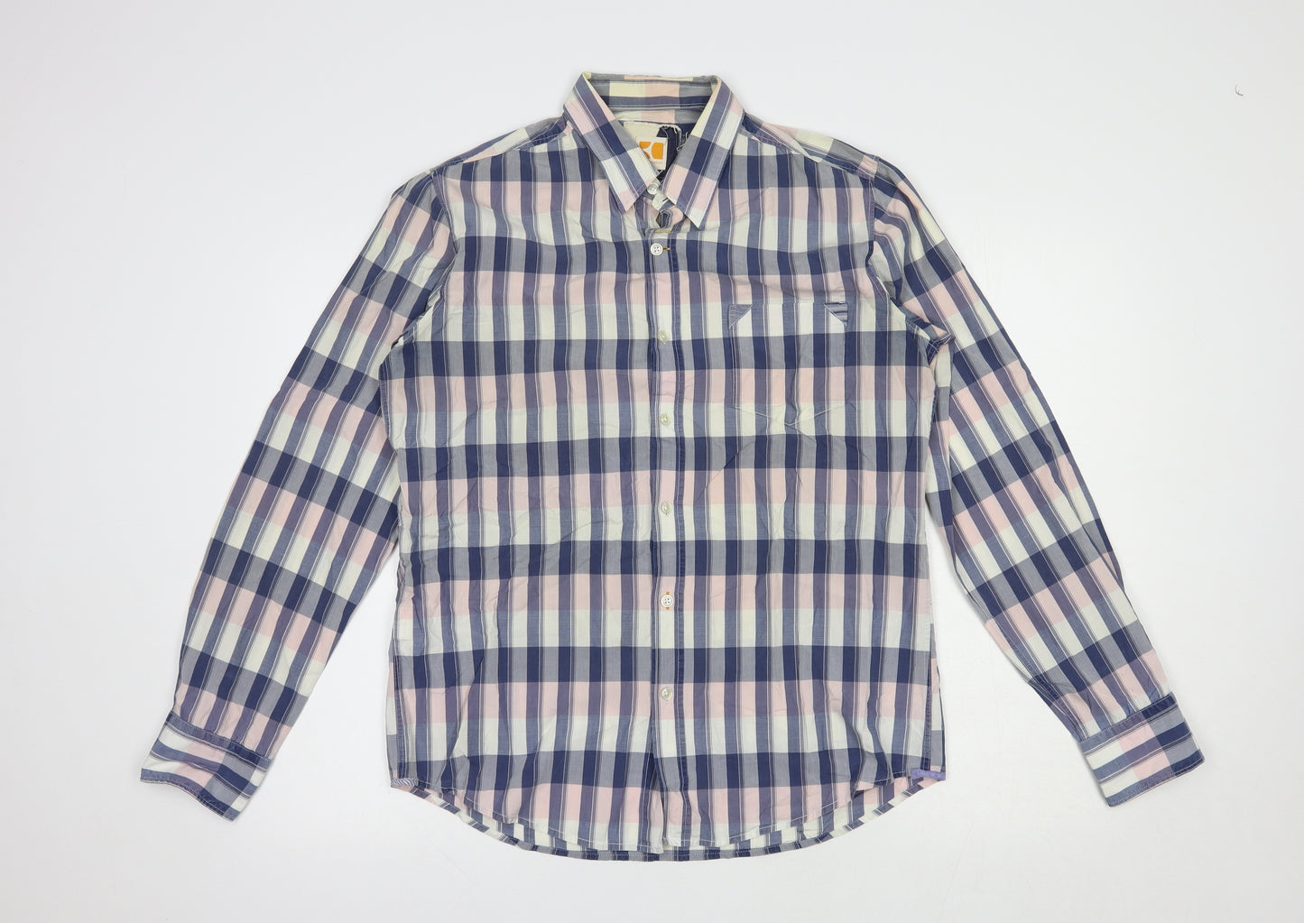 Boss Orange Mens Blue Plaid Cotton  Button-Up Size L Collared Button