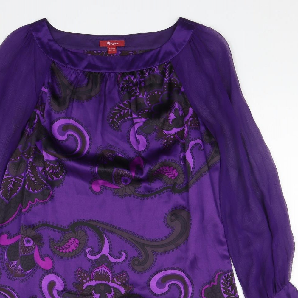 Monsoon Womens Purple Geometric Silk A-Line  Size 14  Round Neck