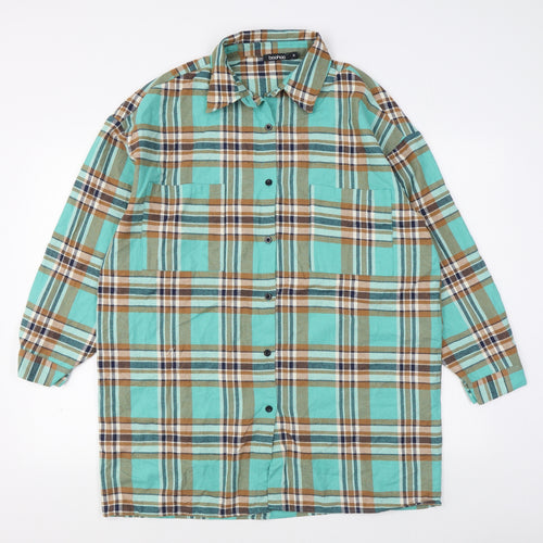 Boohoo Mens Green Plaid Polyester  Button-Up Size M Collared Button