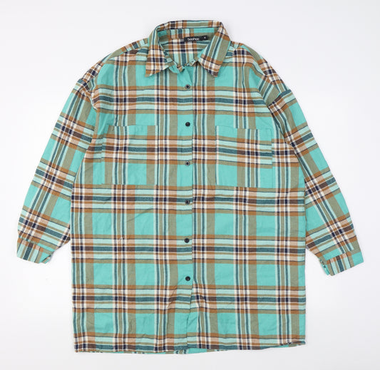 Boohoo Mens Green Plaid Polyester  Button-Up Size M Collared Button