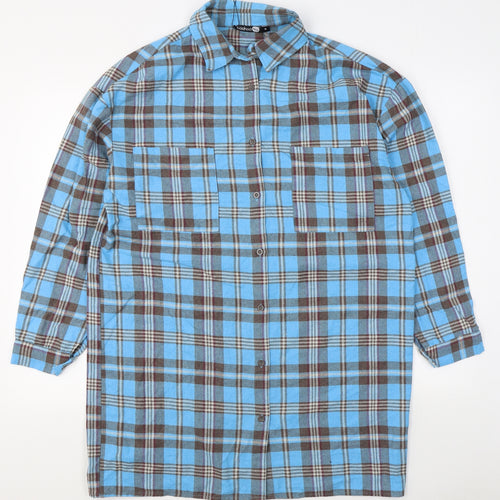 Boohoo Mens Blue Plaid Polyester  Button-Up Size M Collared Button
