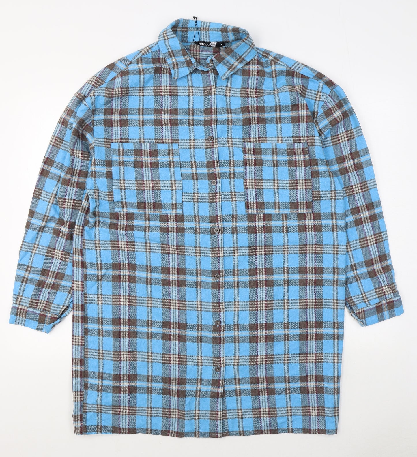 Boohoo Mens Blue Plaid Polyester  Button-Up Size M Collared Button