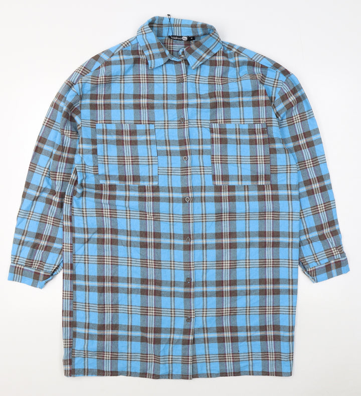 Boohoo Mens Blue Plaid Polyester  Button-Up Size M Collared Button