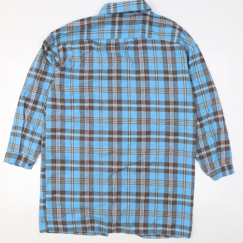 Boohoo Mens Blue Plaid Polyester  Button-Up Size M Collared Button