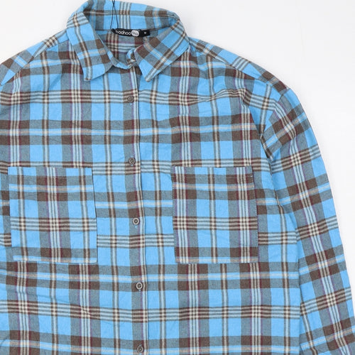 Boohoo Mens Blue Plaid Polyester  Button-Up Size M Collared Button