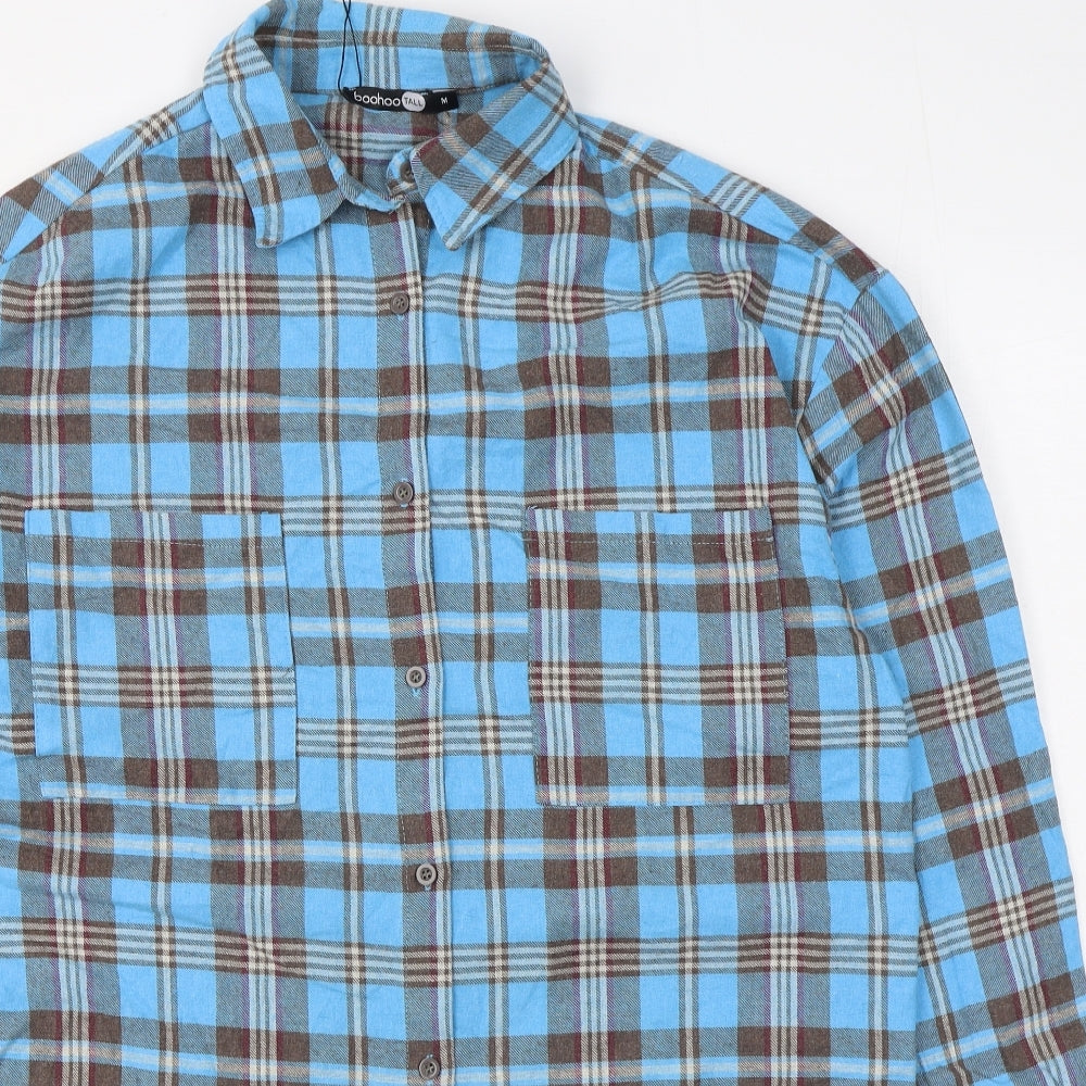 Boohoo Mens Blue Plaid Polyester  Button-Up Size M Collared Button
