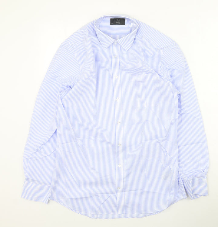 Marks and Spencer Mens Blue Striped Polyester  Button-Up Size 39 Collared