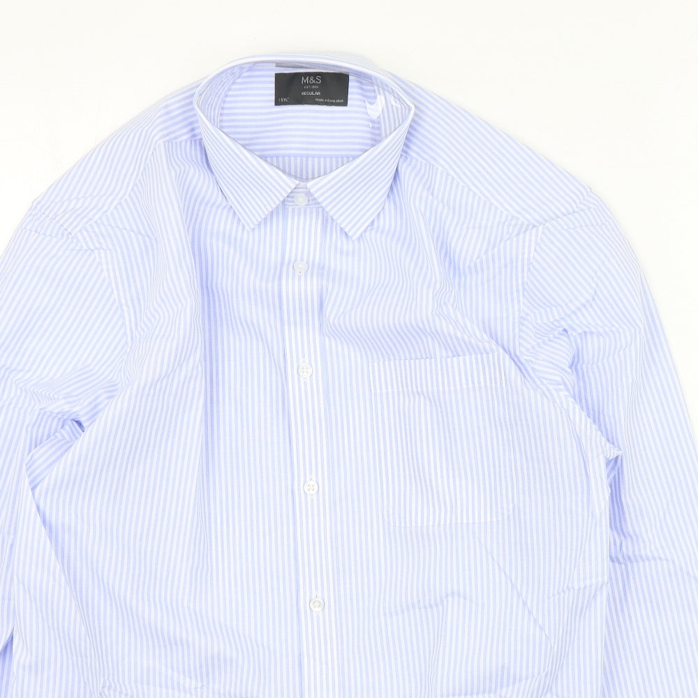 Marks and Spencer Mens Blue Striped Polyester  Button-Up Size 39 Collared