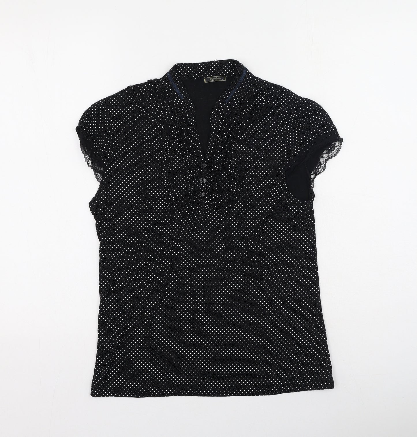 roselina Womens Black Polka Dot Polyester Basic T-Shirt Size L V-Neck