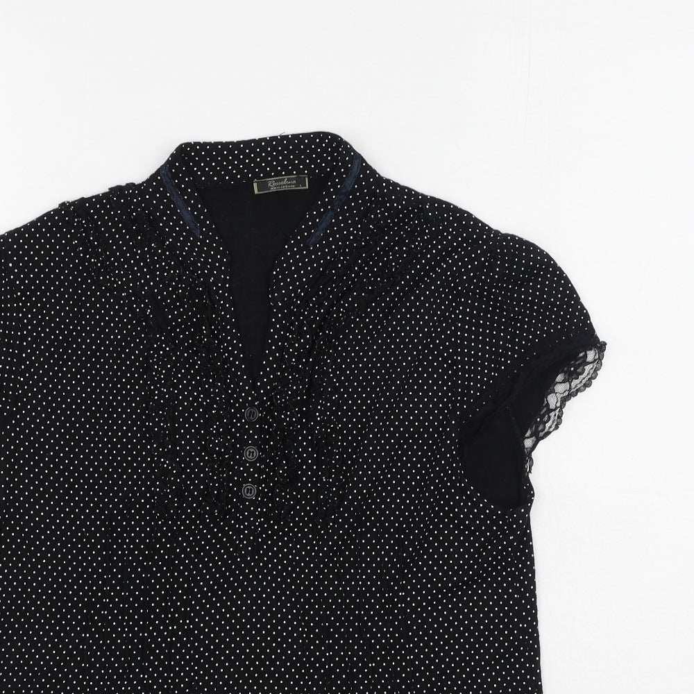 roselina Womens Black Polka Dot Polyester Basic T-Shirt Size L V-Neck
