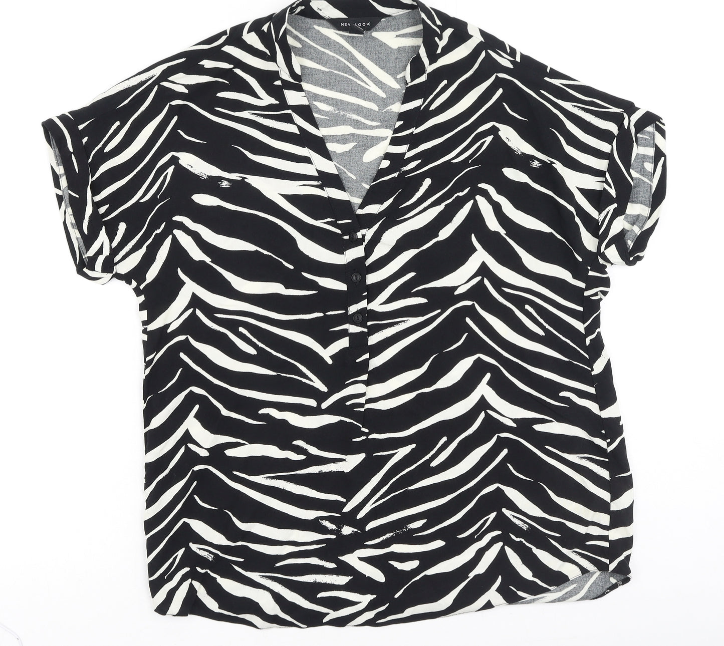 New Look Womens Black Animal Print Polyester Basic Blouse Size 6 V-Neck