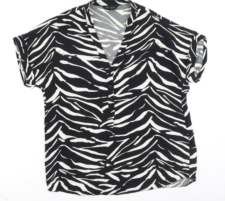 New Look Womens Black Animal Print Polyester Basic Blouse Size 6 V-Neck