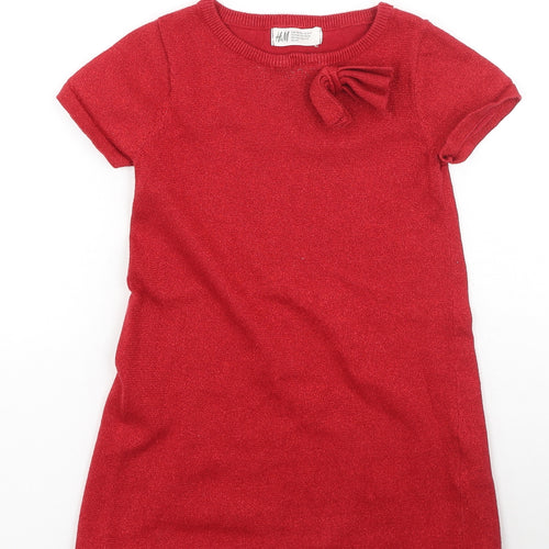 H&M Girls Red  Cotton T-Shirt Dress  Size 2-3 Years  Round Neck