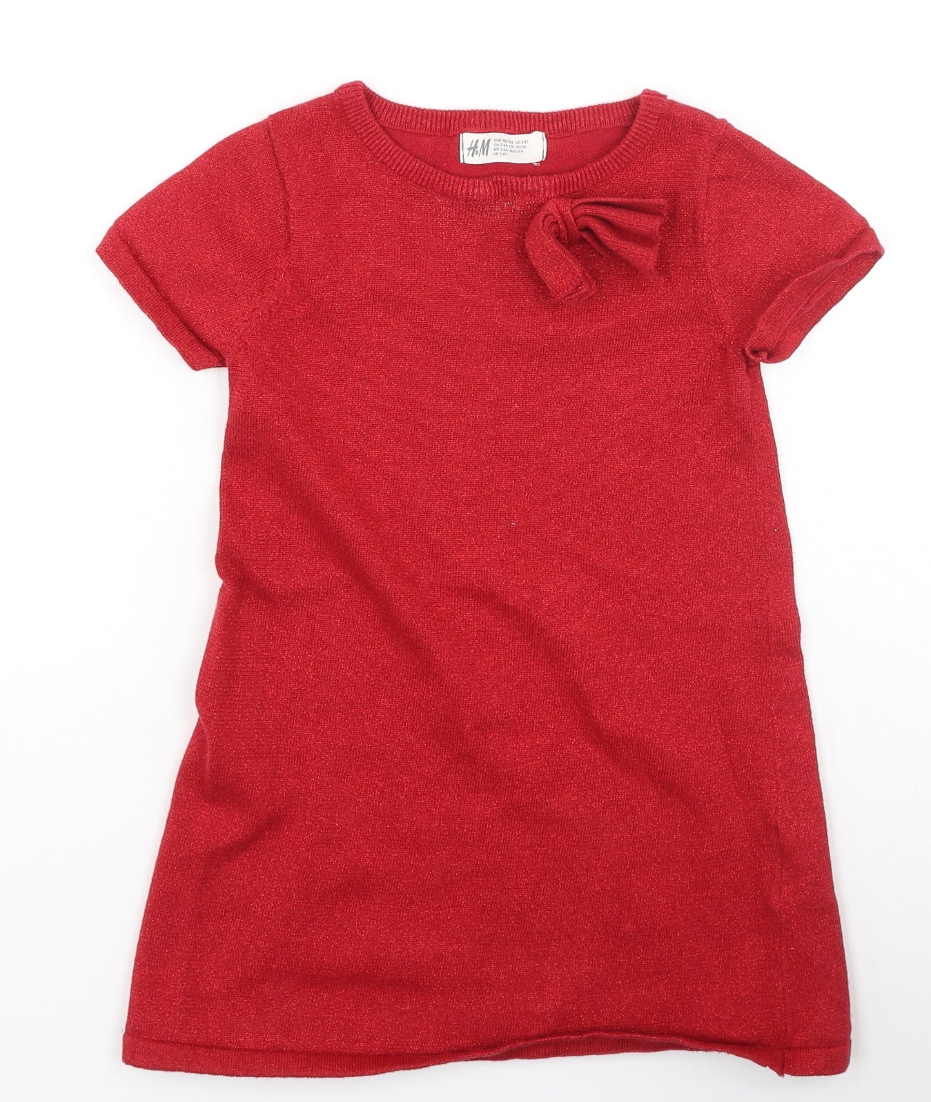 H&M Girls Red  Cotton T-Shirt Dress  Size 2-3 Years  Round Neck