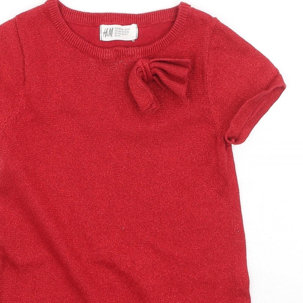 H&M Girls Red  Cotton T-Shirt Dress  Size 2-3 Years  Round Neck
