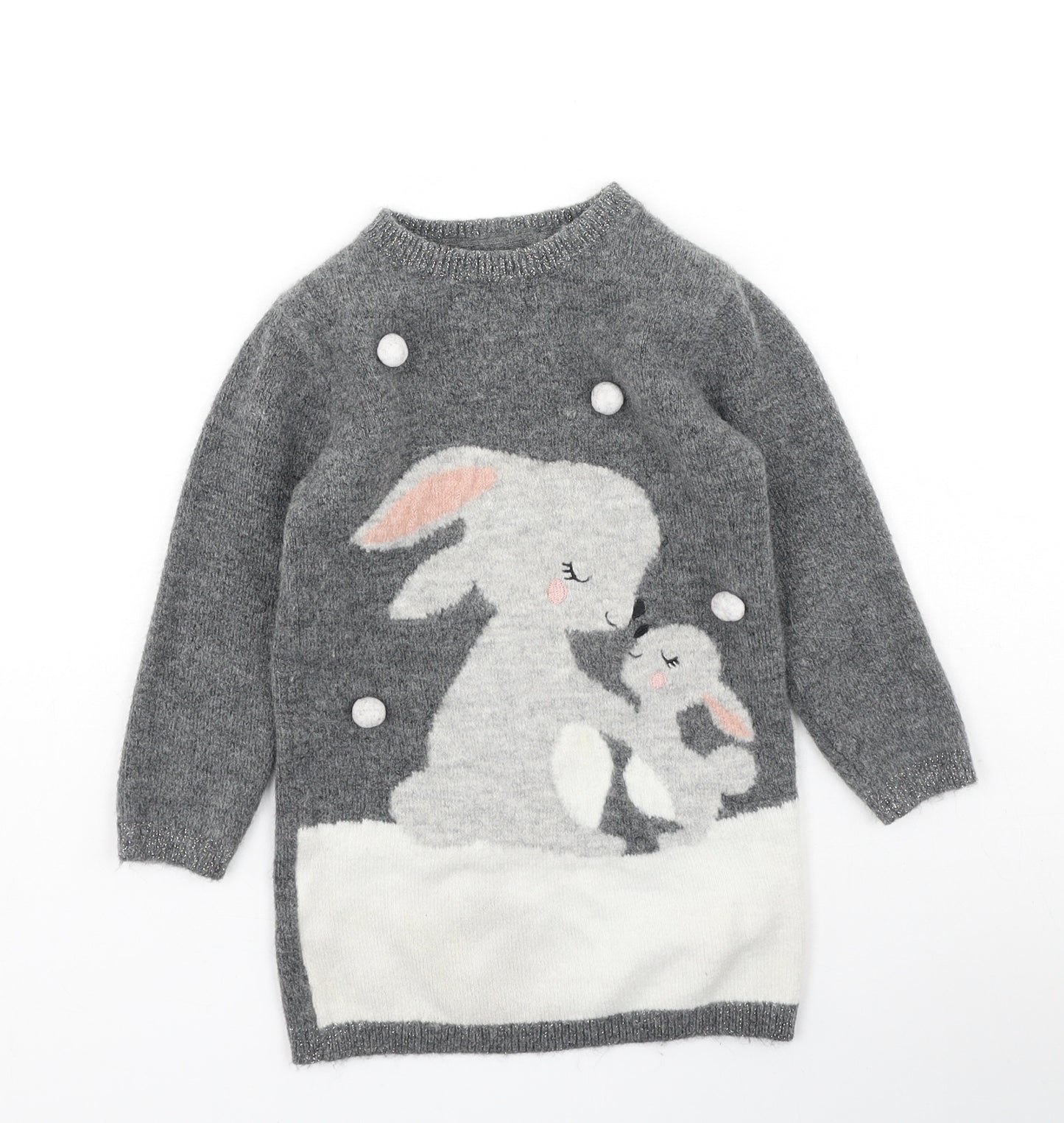 Primark Girls Grey Round Neck  Acrylic Pullover Jumper Size 4-5 Years   - rabbit