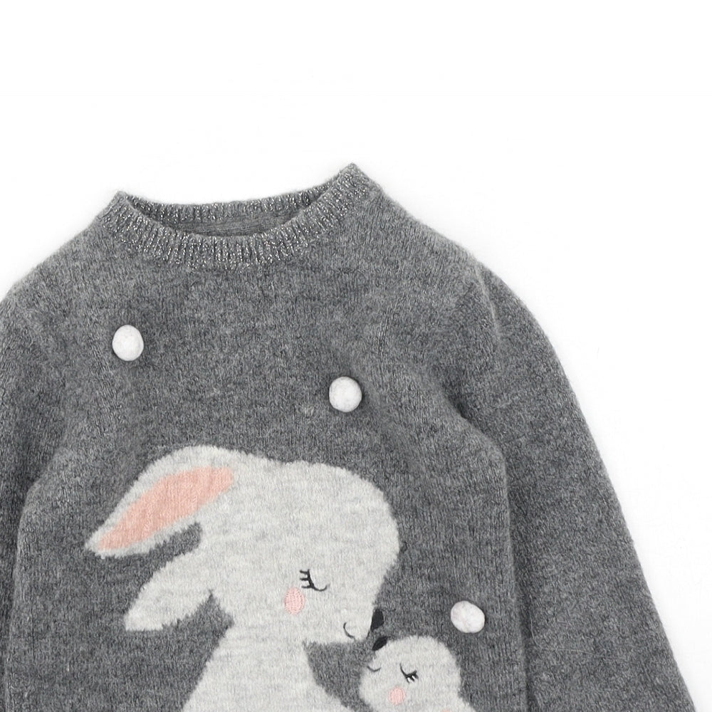 Primark Girls Grey Round Neck  Acrylic Pullover Jumper Size 4-5 Years   - rabbit