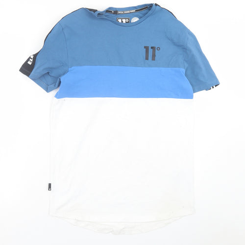11 degrees Mens Blue Striped Cotton  T-Shirt Size M Crew Neck