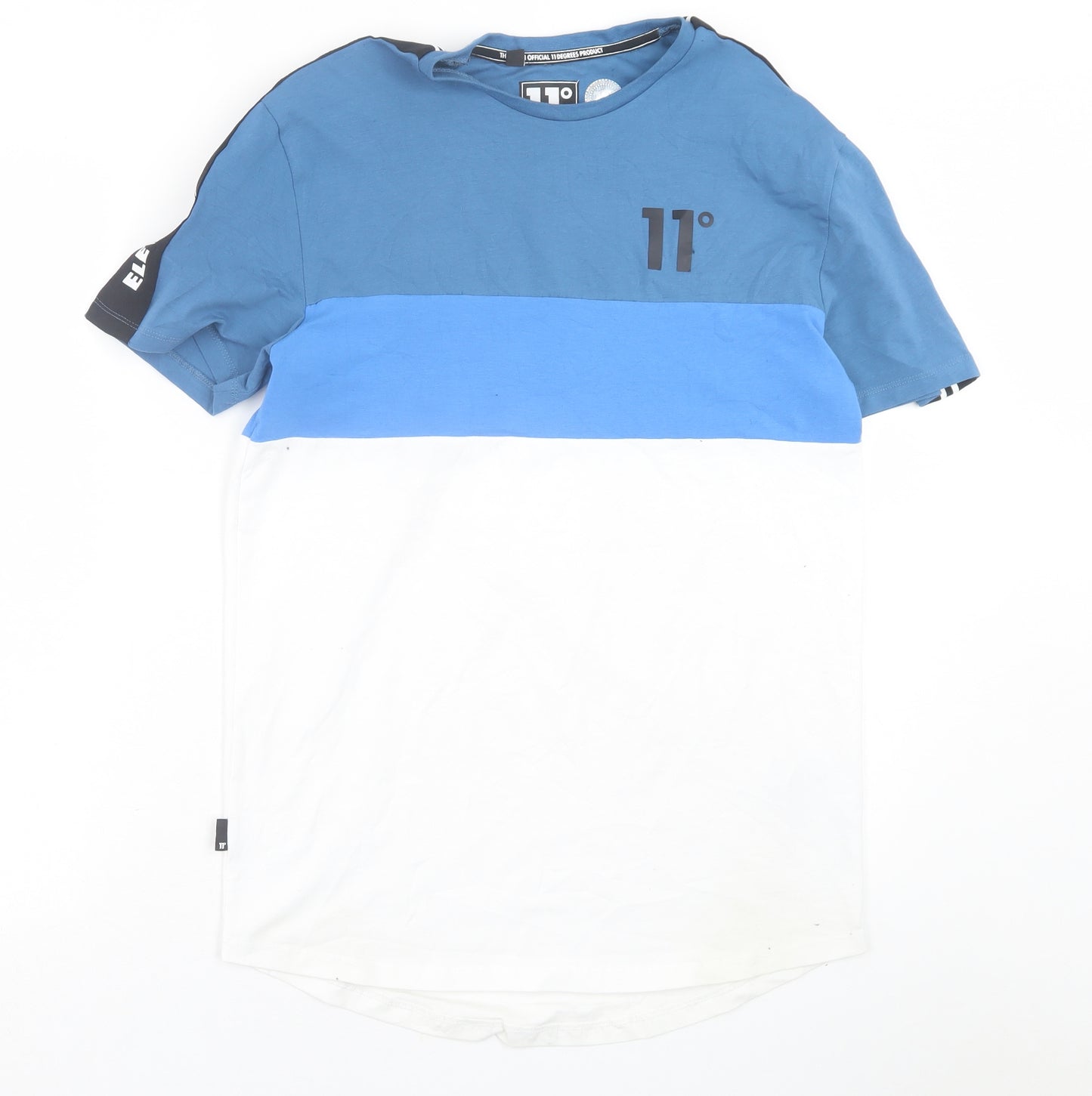 11 degrees Mens Blue Striped Cotton  T-Shirt Size M Crew Neck