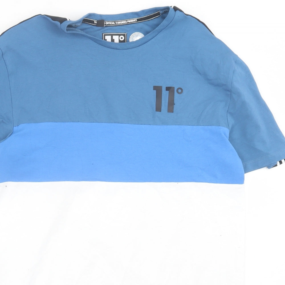 11 degrees Mens Blue Striped Cotton  T-Shirt Size M Crew Neck