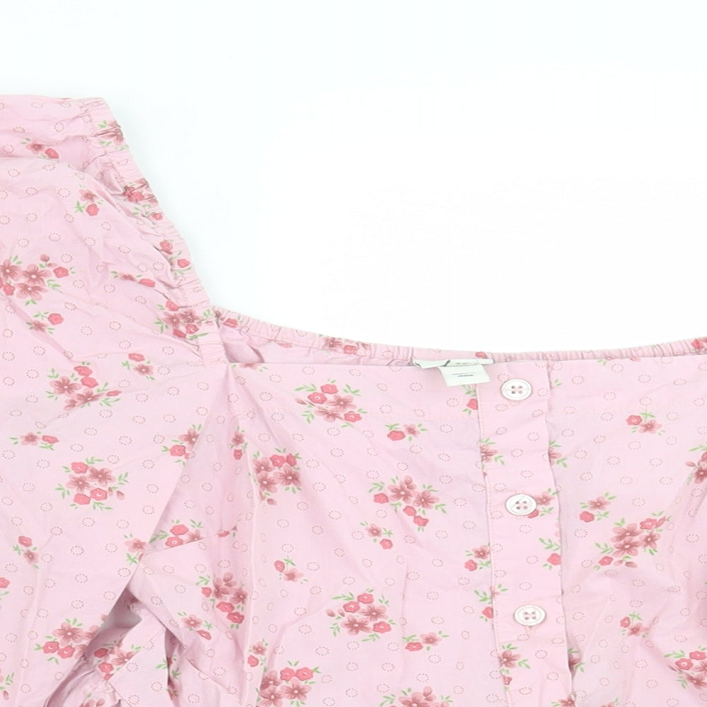 River Island Womens Pink Floral Cotton Basic T-Shirt Size 10 Square Neck