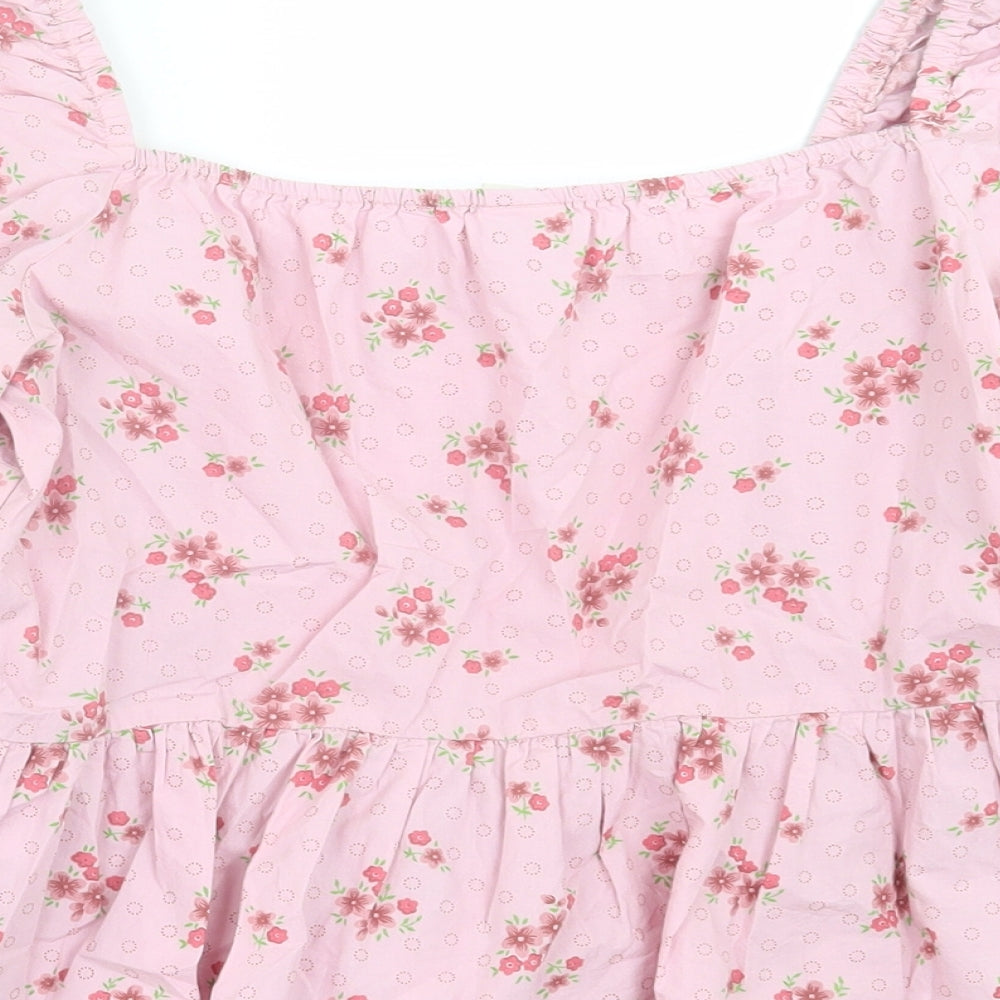 River Island Womens Pink Floral Cotton Basic T-Shirt Size 10 Square Neck