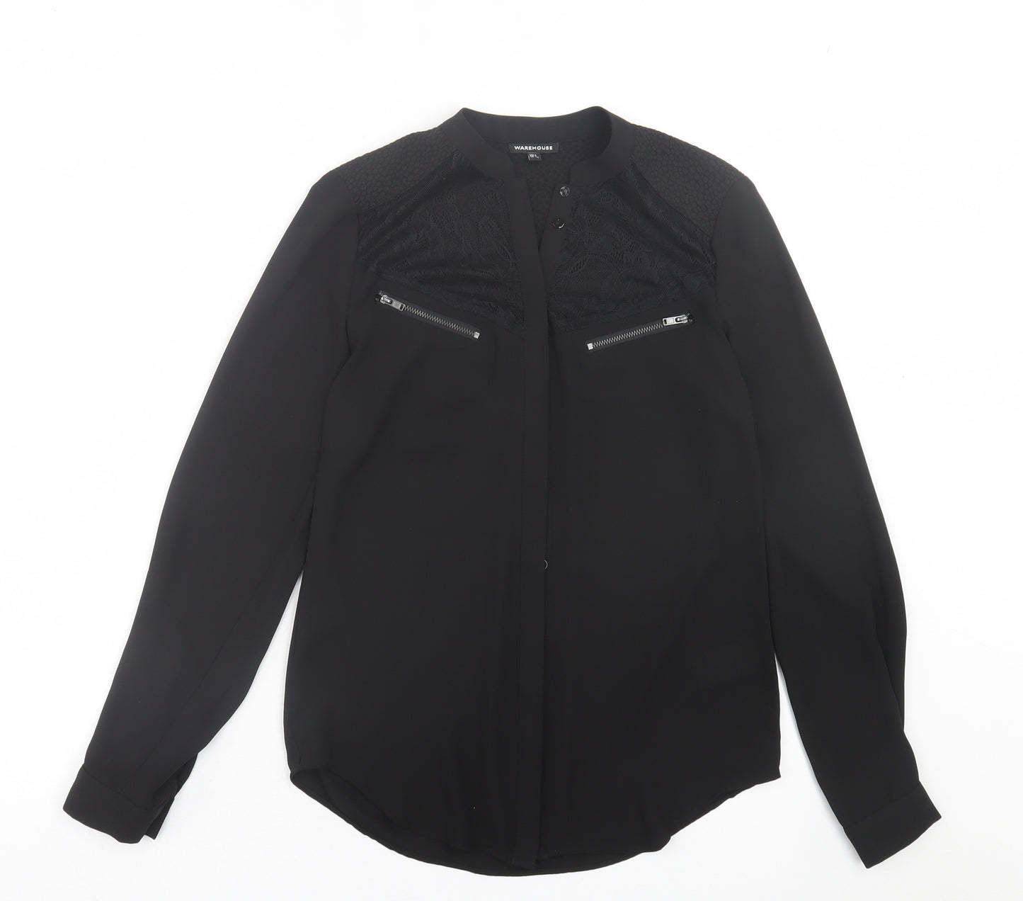 Warehouse Womens Black  Plastic Basic Button-Up Size 8 Crew Neck