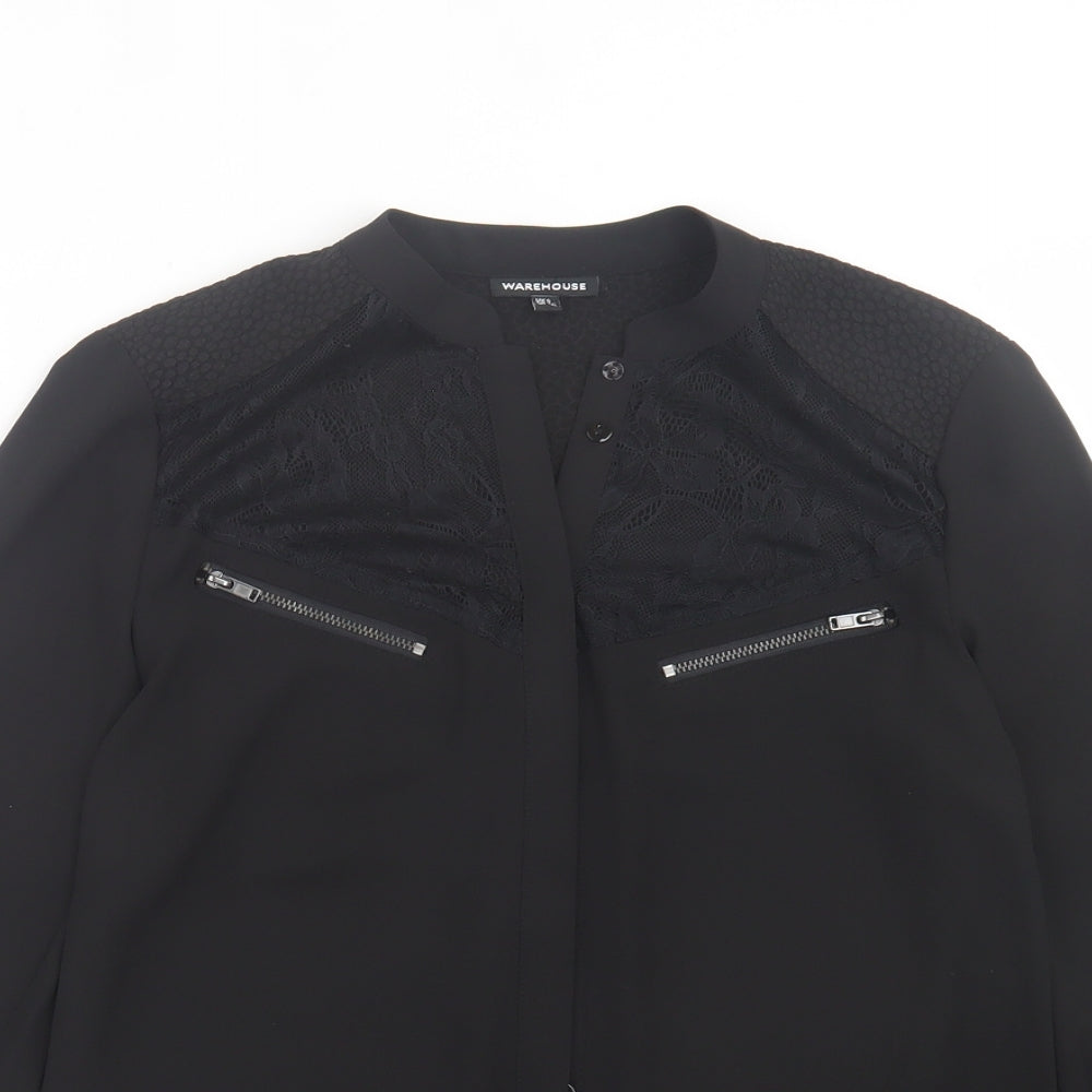 Warehouse Womens Black  Plastic Basic Button-Up Size 8 Crew Neck