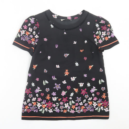 Oasis Womens Black Floral Polyester Basic T-Shirt Size 8 Crew Neck