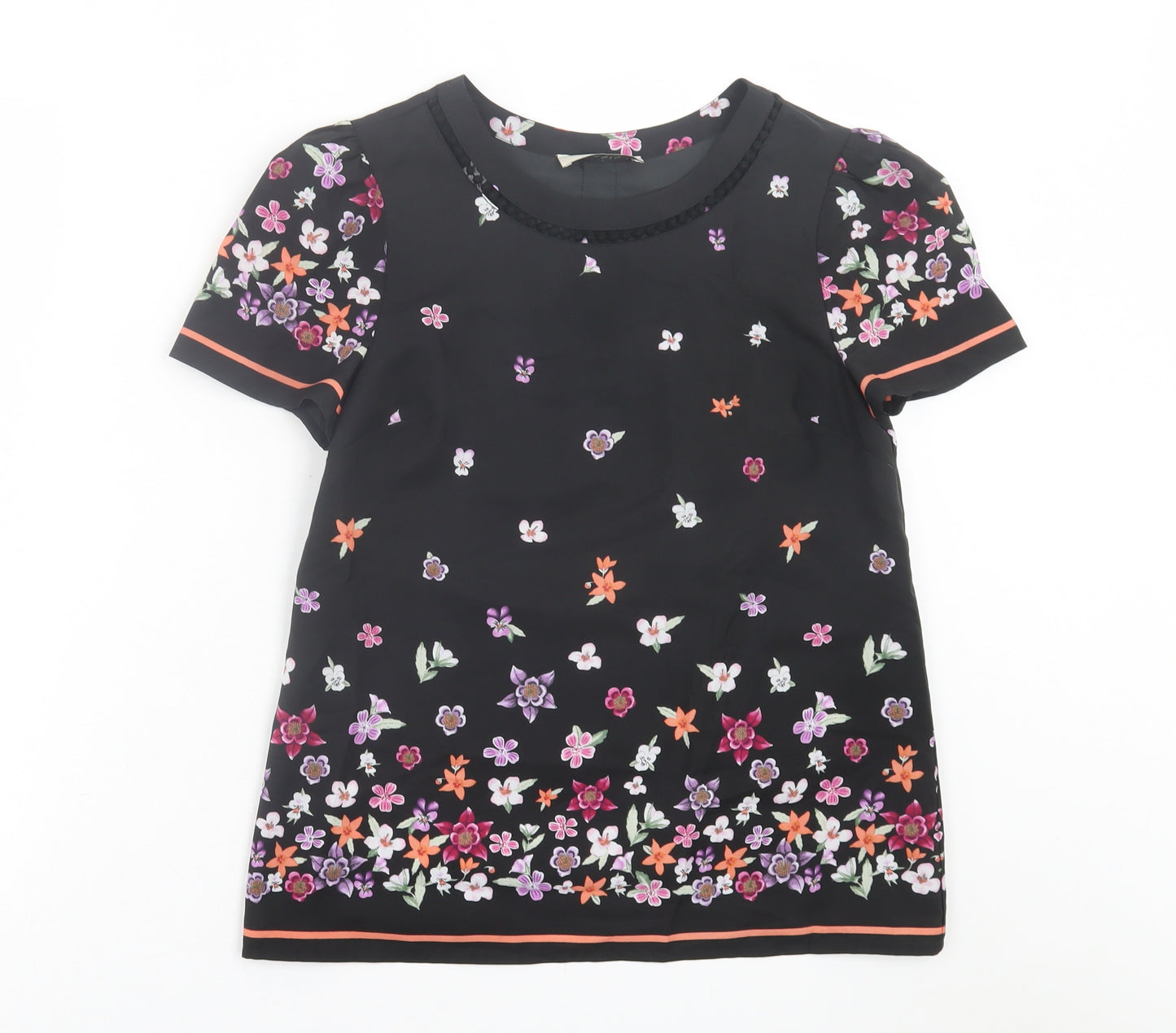 Oasis Womens Black Floral Polyester Basic T-Shirt Size 8 Crew Neck