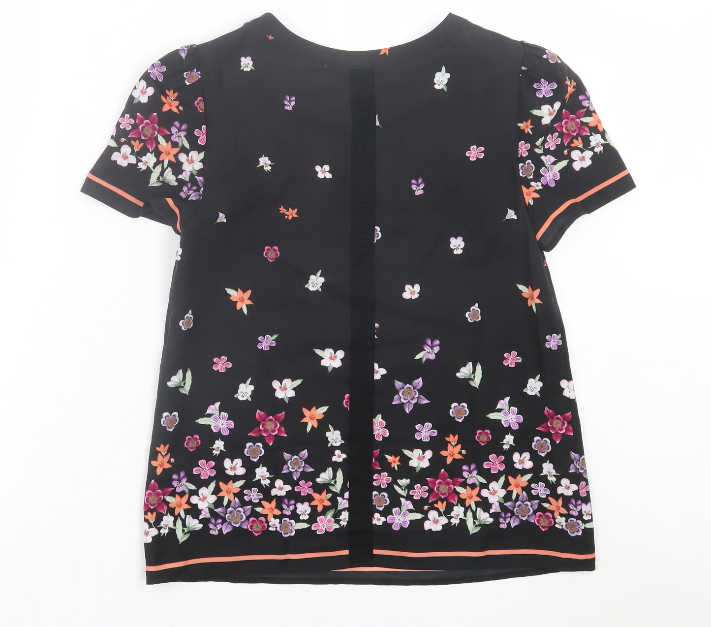 Oasis Womens Black Floral Polyester Basic T-Shirt Size 8 Crew Neck