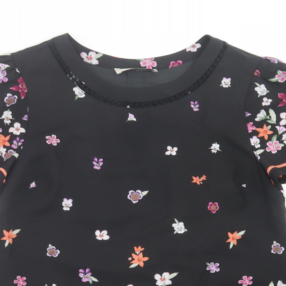 Oasis Womens Black Floral Polyester Basic T-Shirt Size 8 Crew Neck