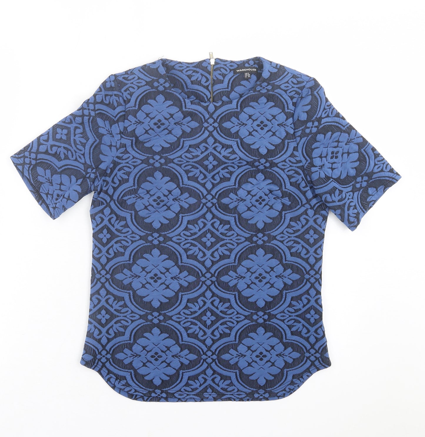 Warehouse Womens Blue Geometric Polyester Basic T-Shirt Size 8 Crew Neck