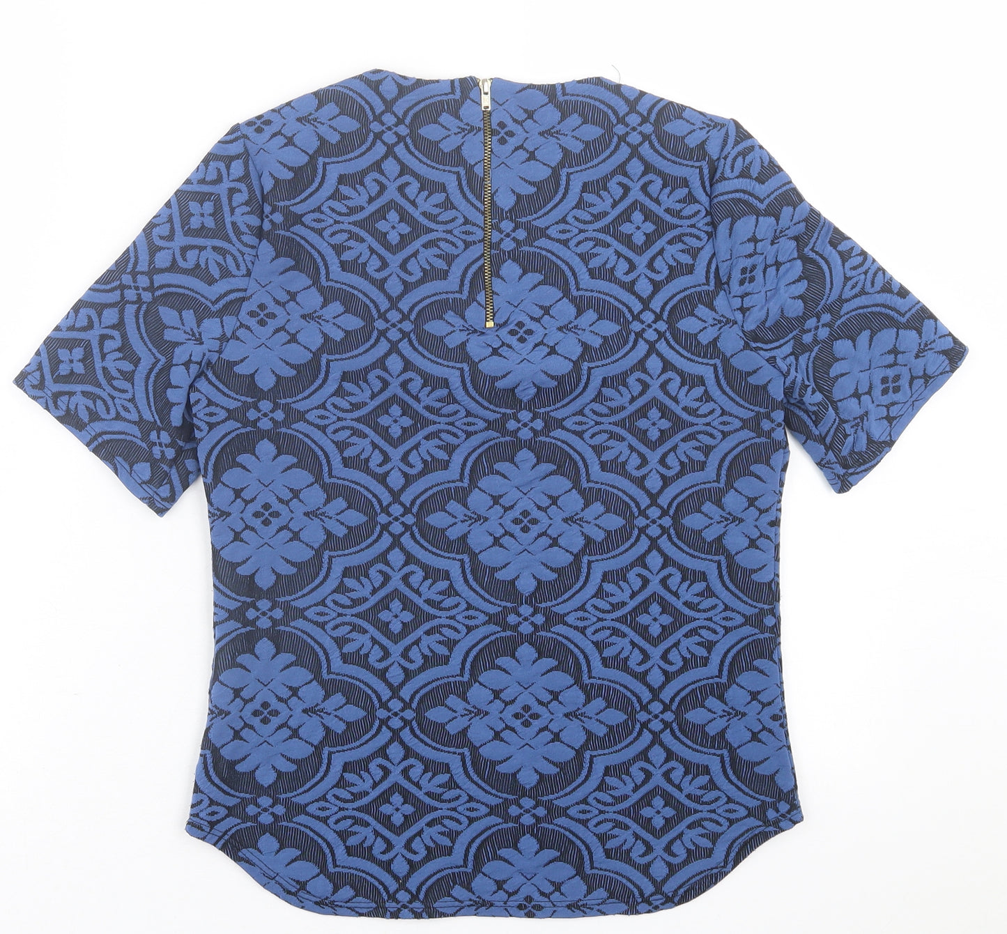 Warehouse Womens Blue Geometric Polyester Basic T-Shirt Size 8 Crew Neck