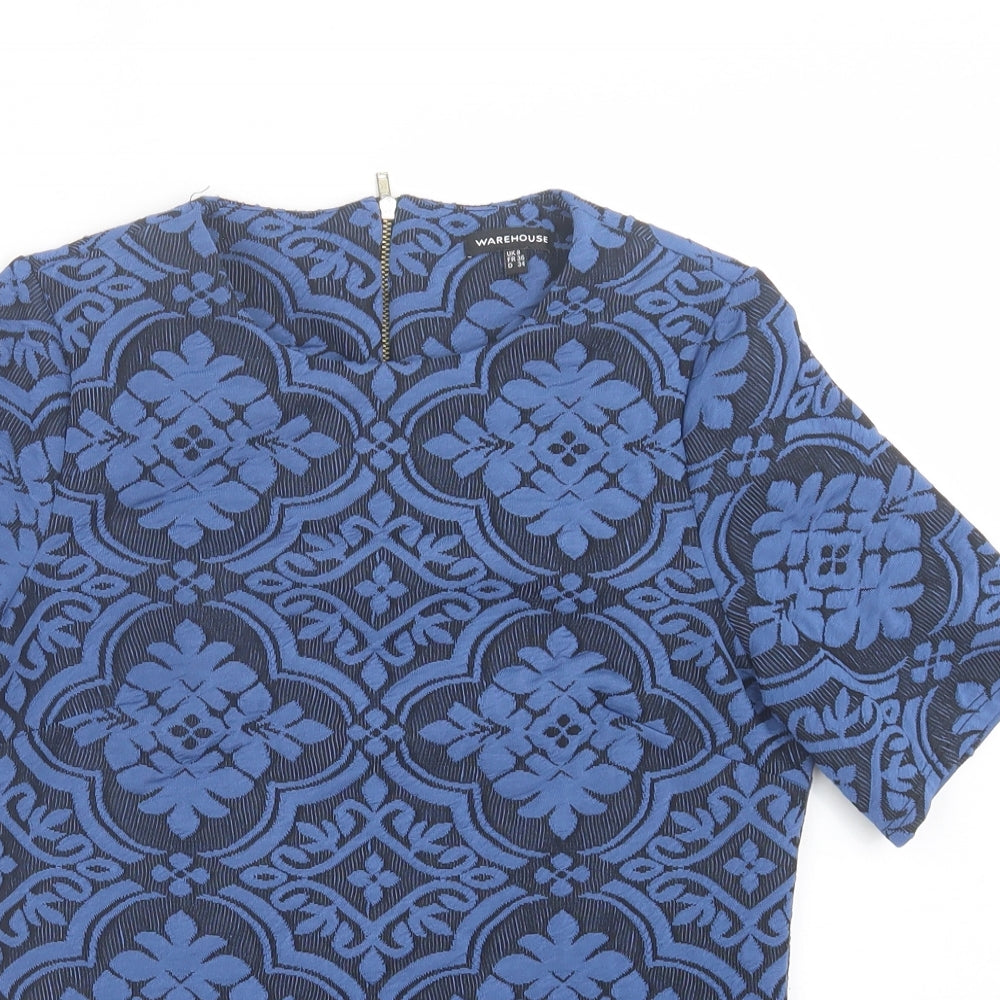 Warehouse Womens Blue Geometric Polyester Basic T-Shirt Size 8 Crew Neck